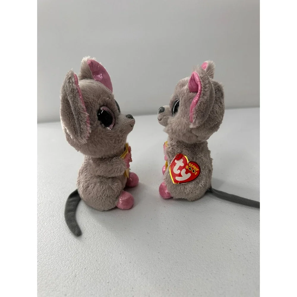 Ty Beanie Boos Squeaker Mouse Plush Lot 2 Grey Pink Cheese Stuffed Animal 6 in